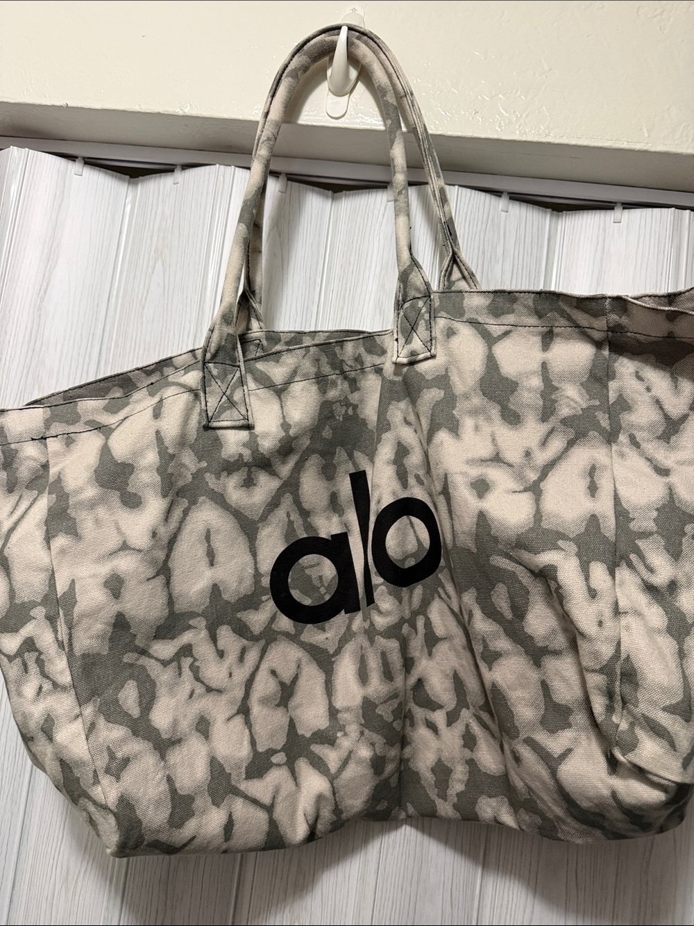 ALO Yoga Canvas Tote in Beige and Gray Tie-Dye with Black Logo